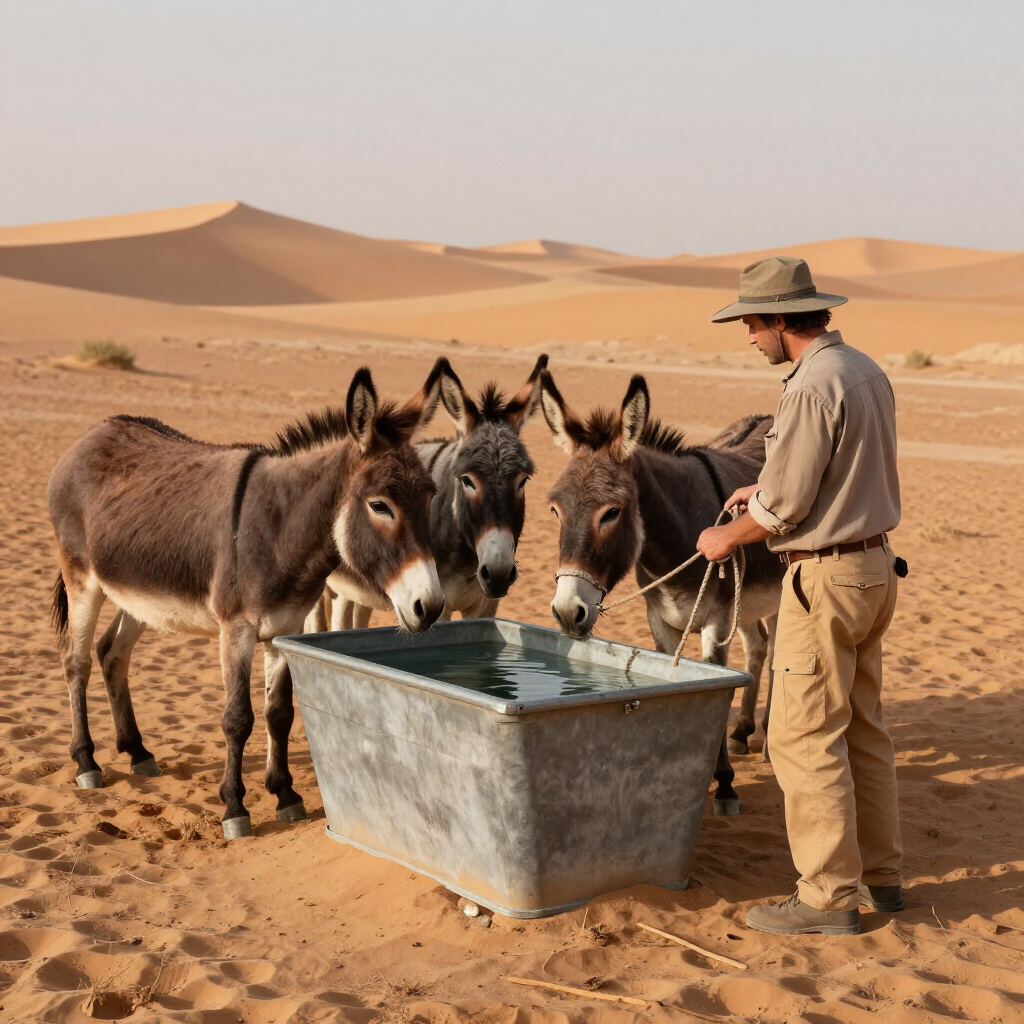 Three donkeys and a man drink from a metal trough in a desert with sand dunes.