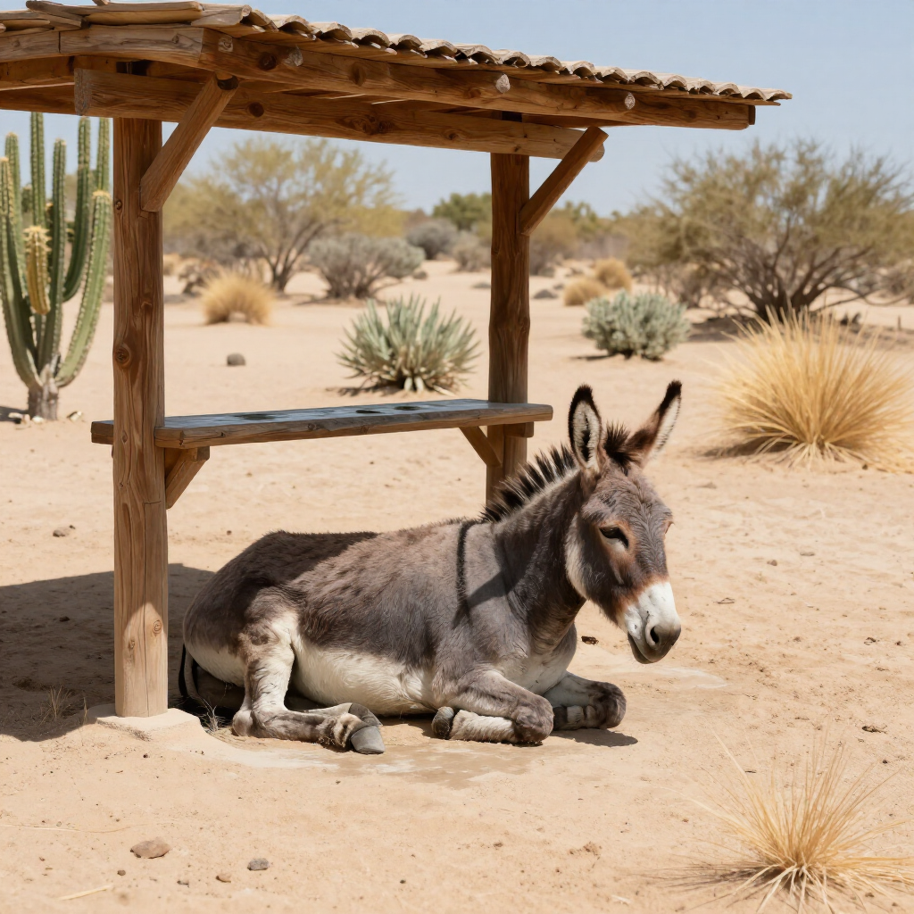Donkey resting under a wooden shade shelter in a sandy desert landscape.