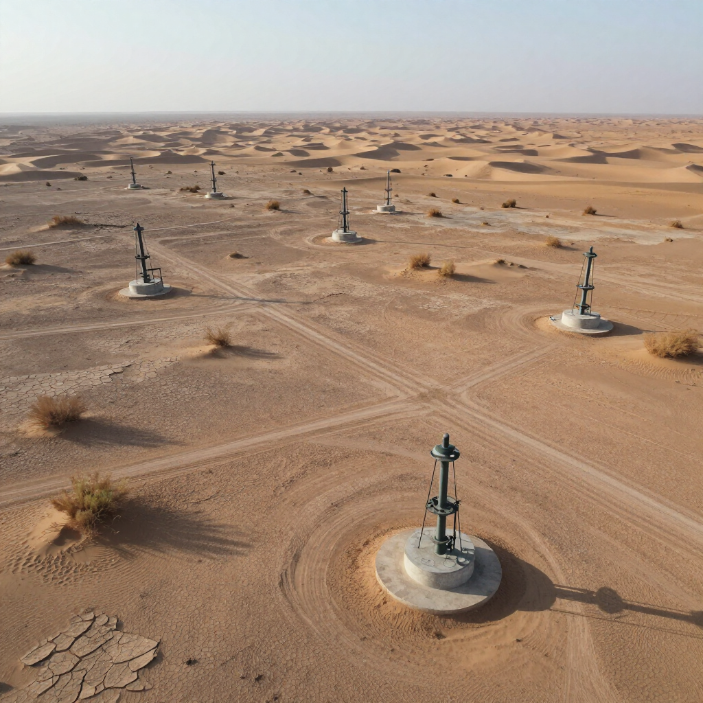 Solar arrays and utility poles scattered across a vast sandy desert landscape.