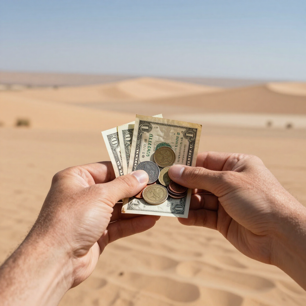 Hands holding U.S. dollar bills in a desert landscape with sand dunes in the background