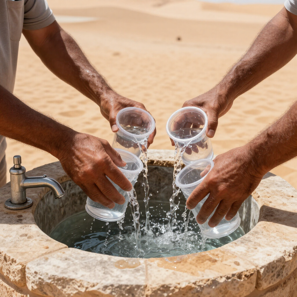 Hands filling plastic cups from a desert water fountain