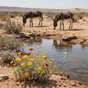 Two donkeys grazing by a desert pond with bright yellow and purple wildflowers in the foreground