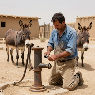 Man kneels repairing a hand pump beside two donkeys in a dusty courtyard.