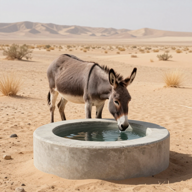 Donkey drinking from a concrete water trough in a sandy desert with distant dunes.