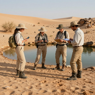Four hikers studying a map beside a desert oasis with dunes and rocks
