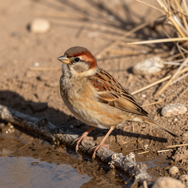 Small brown sparrow standing by a muddy puddle on dry ground