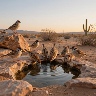 Birds gathered around a desert water pool at sunset, with rocks, shrubs, and a cactus nearby.
