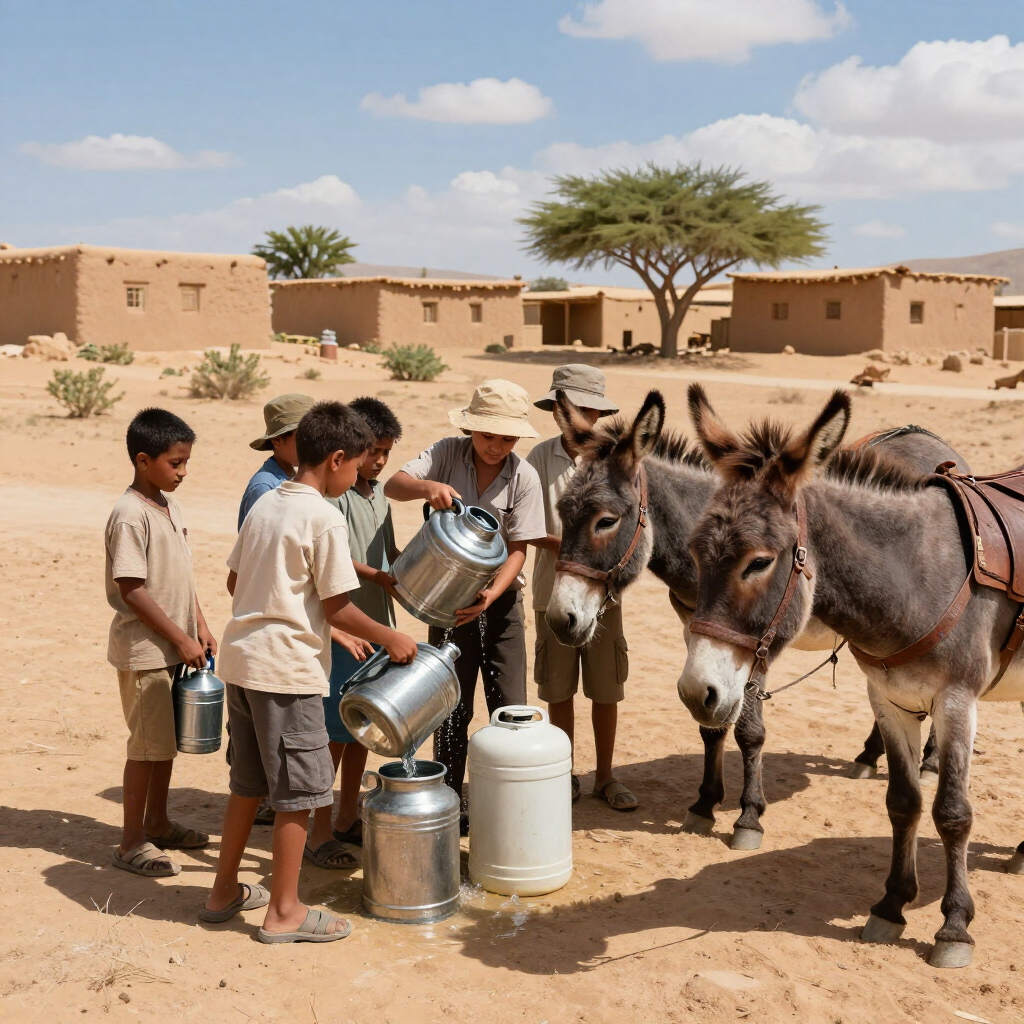 Children fill water containers beside two donkeys in a dusty village courtyard under a clear sky.