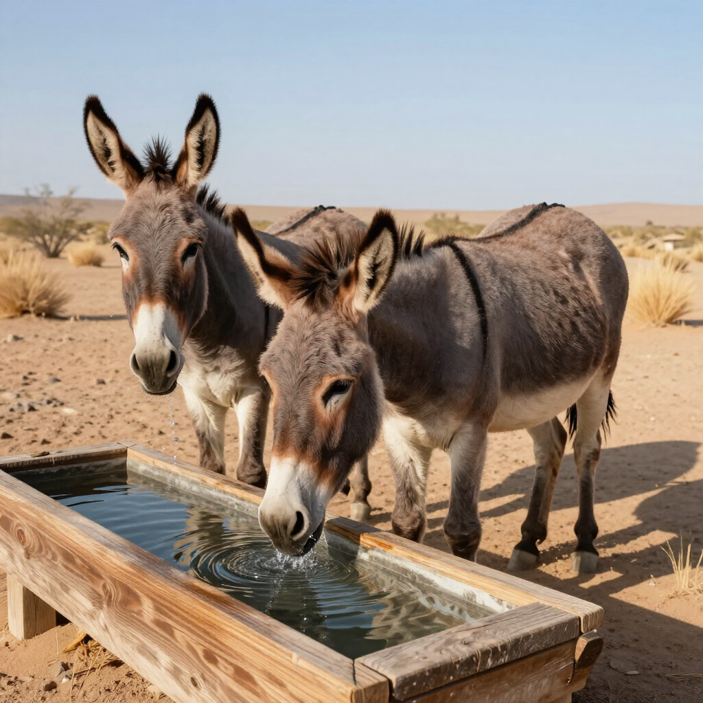 Two donkeys drinking from a wooden trough in a sandy desert under a clear sky