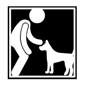 A black and white icon of a man and a dog.