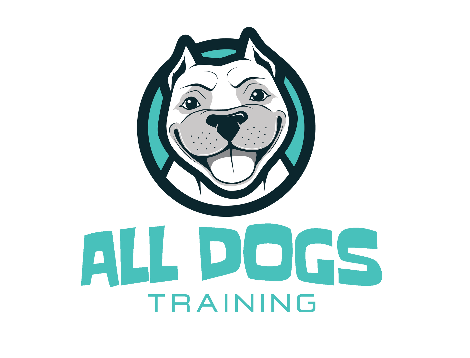 A logo for all dogs training with a dog 's head in a circle.