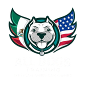 A logo for all dogs training with a dog 's head in a circle.