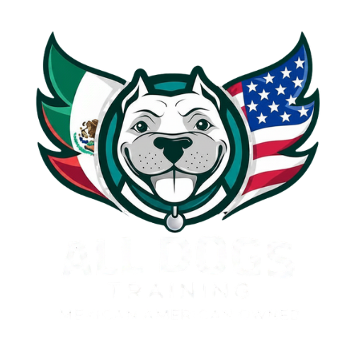 A logo for all dogs training with a dog 's head in a circle.