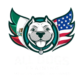 A logo for all dogs training with a dog 's head in a circle.