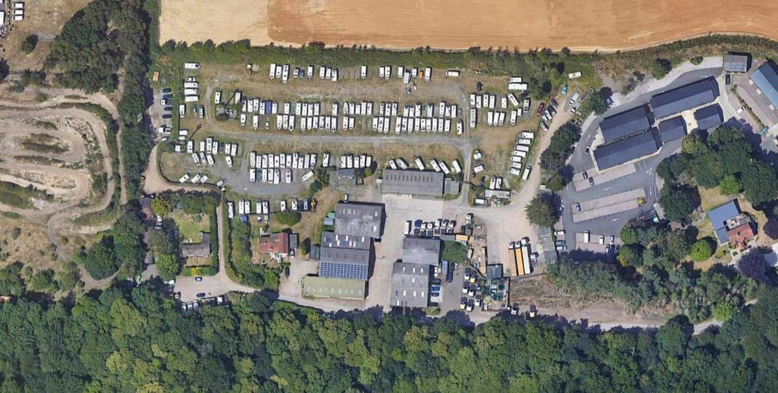 Ariel image of Suffolk Caravans, secure caravan and shipping container storage near Ipswich as well as caravan sales, caravan hire, caravan servicing and repairs.