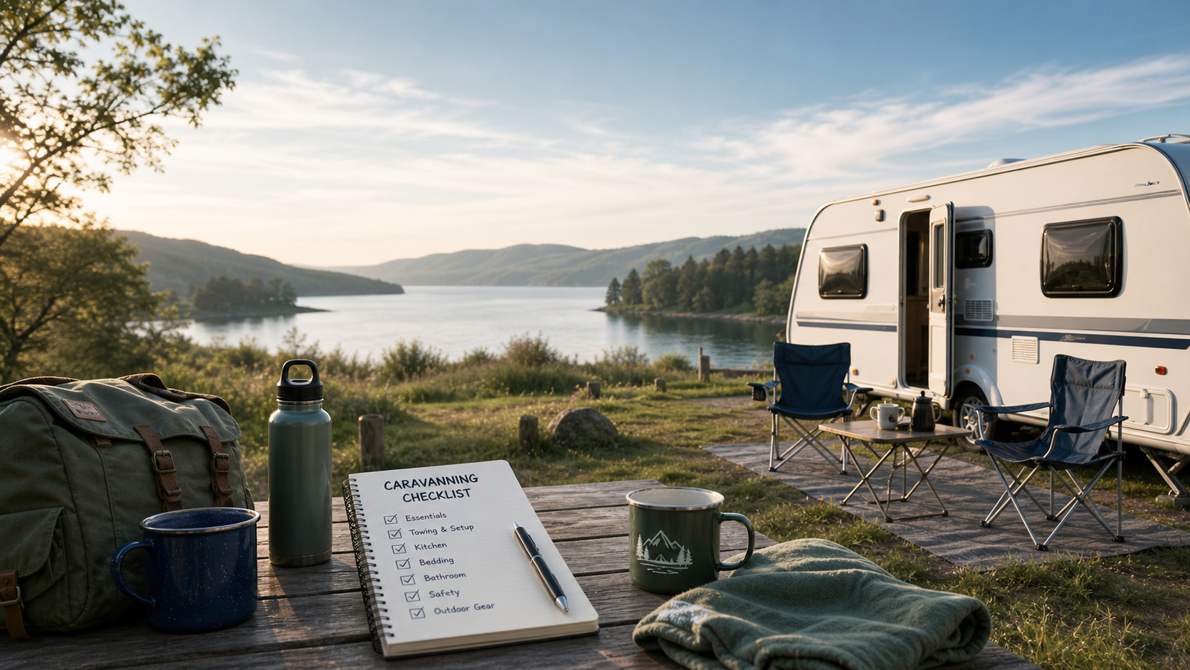 Caravanning checklist essentials with caravan by lakeside in the UK by Suffolk Caravans