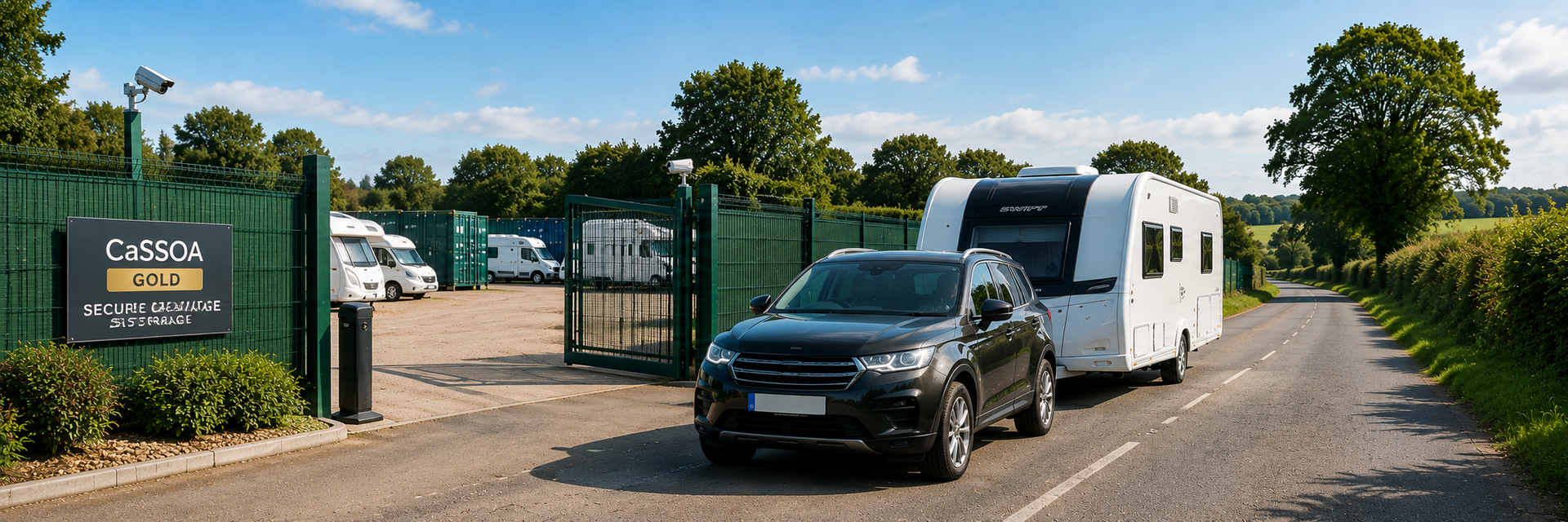 A caravan being collected from a CaSSOA Gold accredited caravan secure storage facility
