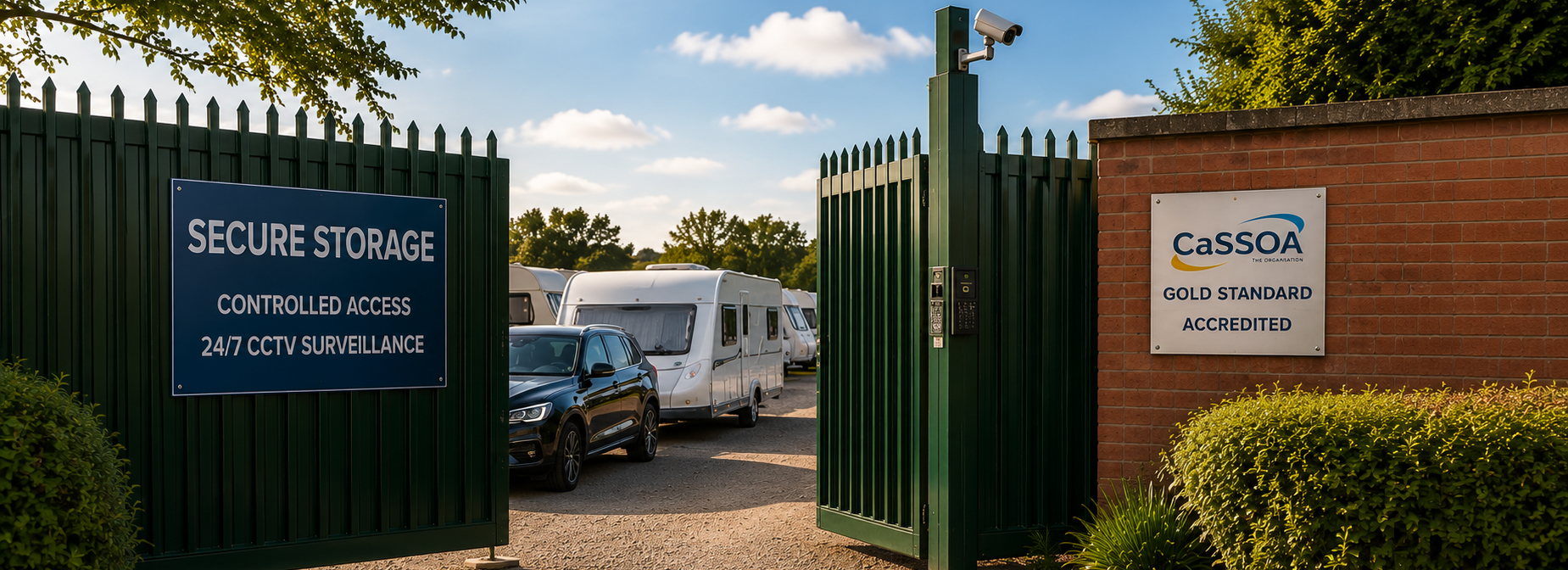 Secure caravan storage facility with controlled access, CCTV monitoring and CaSSOA Gold Standard accreditation, showing caravans stored safely in Suffolk | Suffolk Caravans