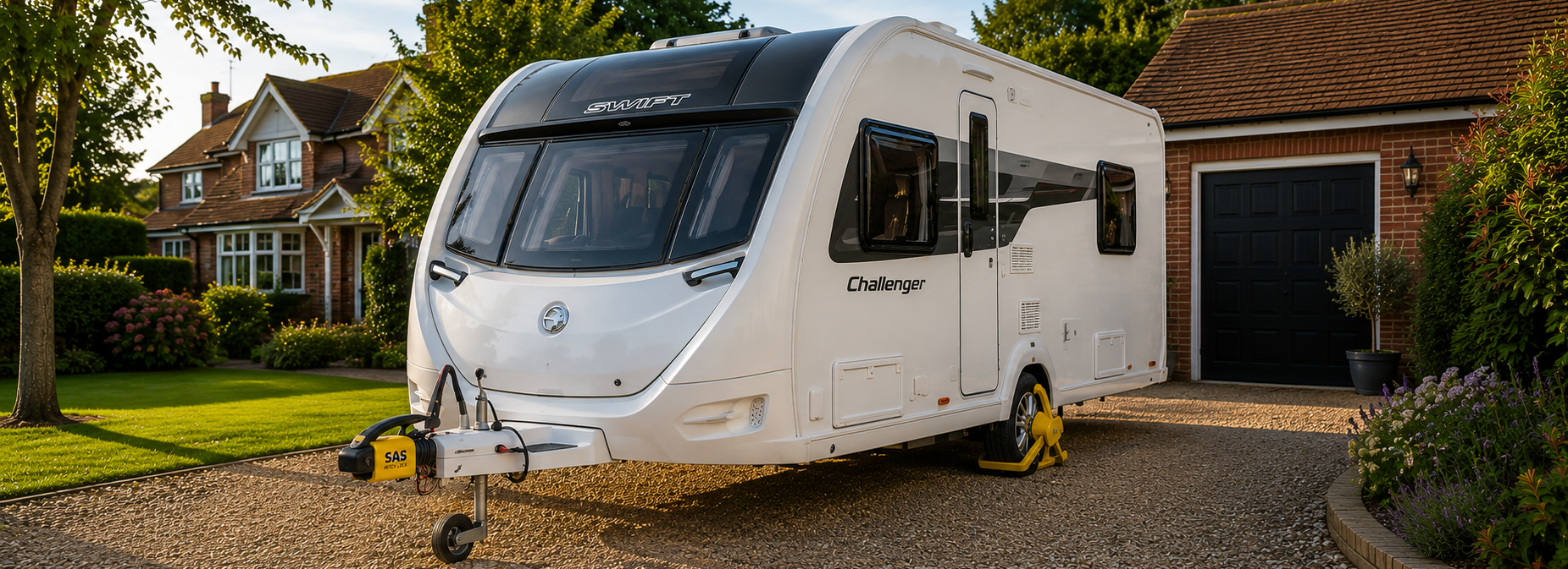 Touring caravan secured with a hitch lock and wheel clamp on a suburban driveway, demonstrating caravan security requirements for insurance cover | Suffolk Caravans