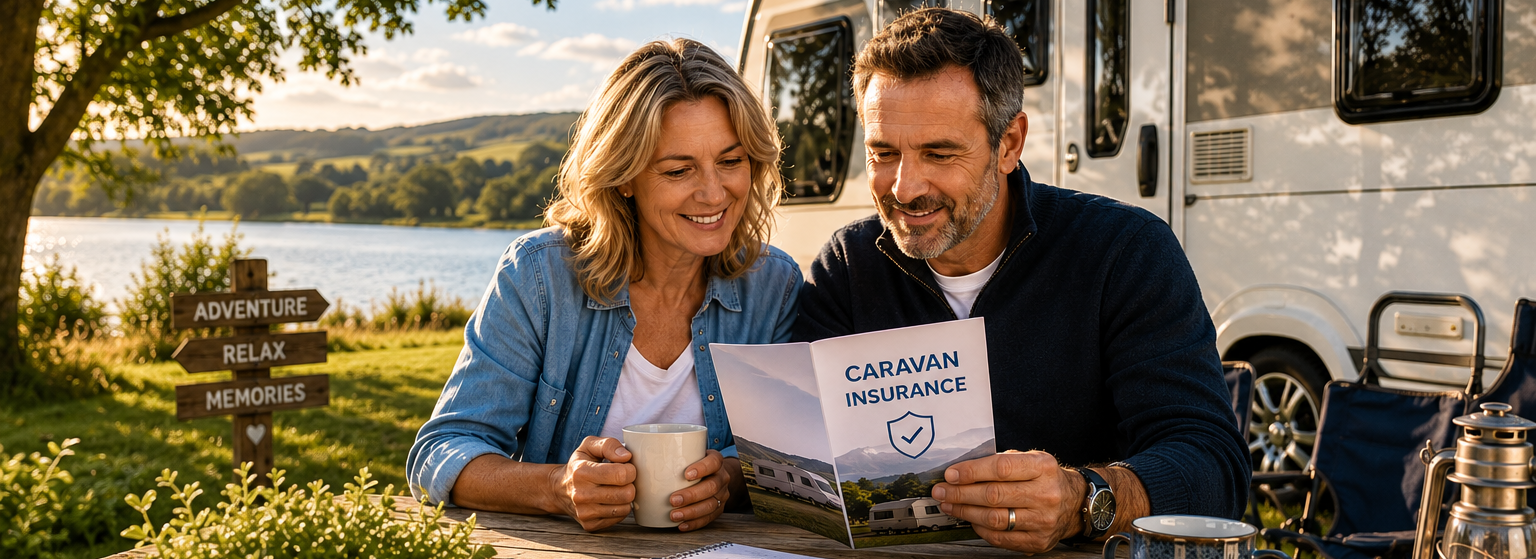 Relaxing lakeside caravan getaway with owners reviewing caravan insurance options before a touring holiday | Suffolk Caravans