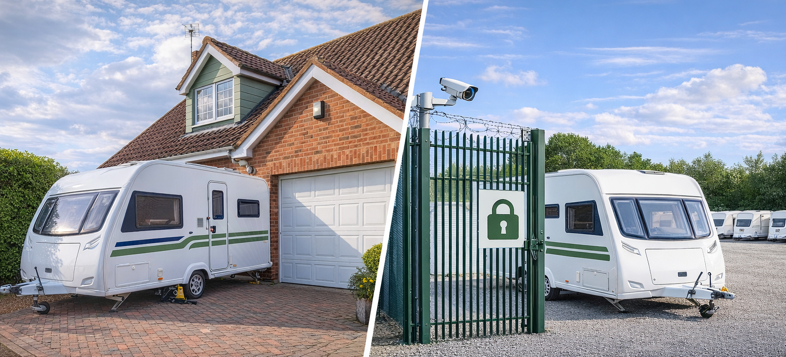 Showing a touring caravan stored at home vs at a secure caravan storage facility | Suffolk Caravans
