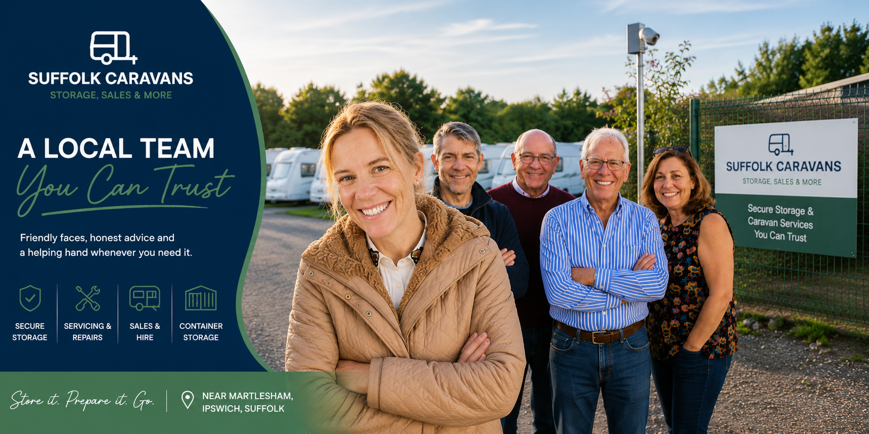 Five people stand by a Suffolk Caravans sign in a sunny outdoor setting with “A local team you can trust” text.