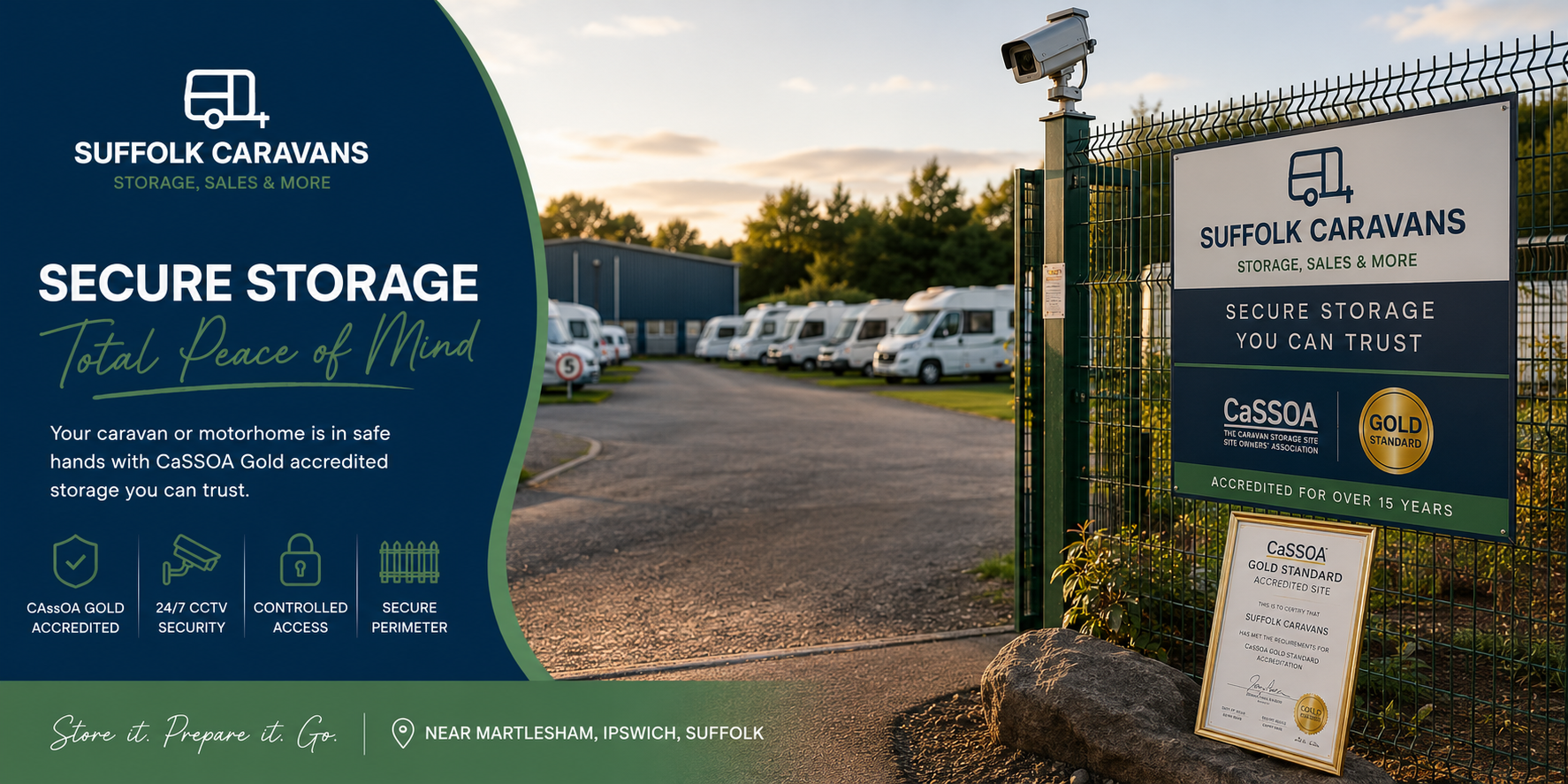 Outdoor secure storage facility entrance with blue signs, gated driveway, and a security camera at sunset