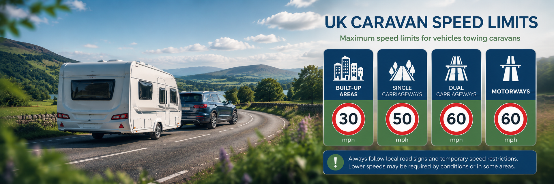 Infographic showing  UK caravan speed limits | Suffolk Caravans