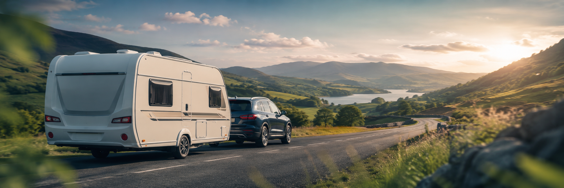 car towing a Caravan touring in the British countryside | Suffolk Caravans