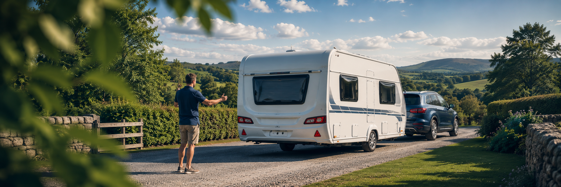 Caravan reversing in Suffolk countryside with assistance.