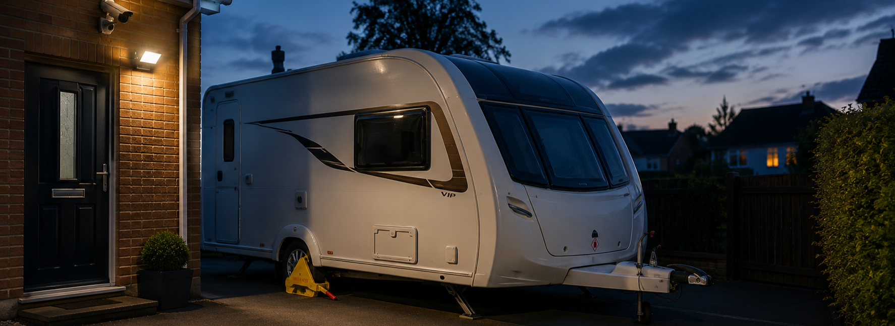 Showing a touring caravan parked outside a home at night with security measures. Wheel clamp, security camera and light | Suffolk Caravans