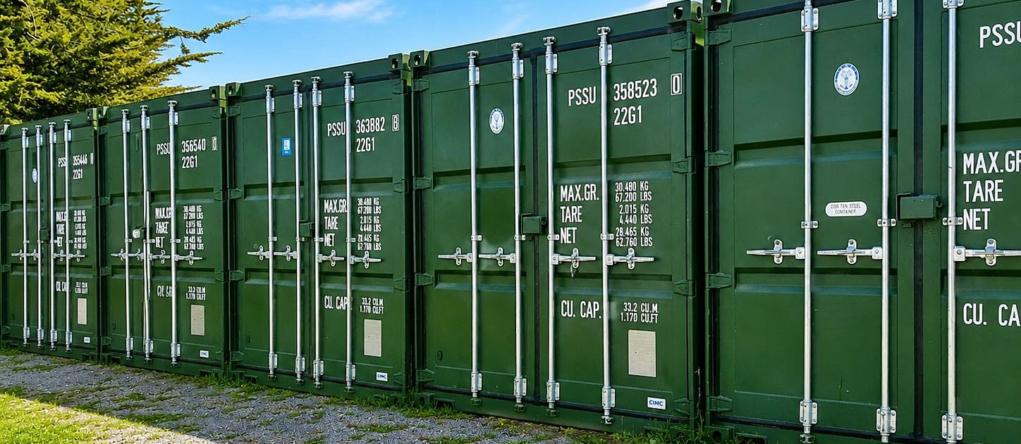 Green shipping containers lined up outdoors beside trees and grass.