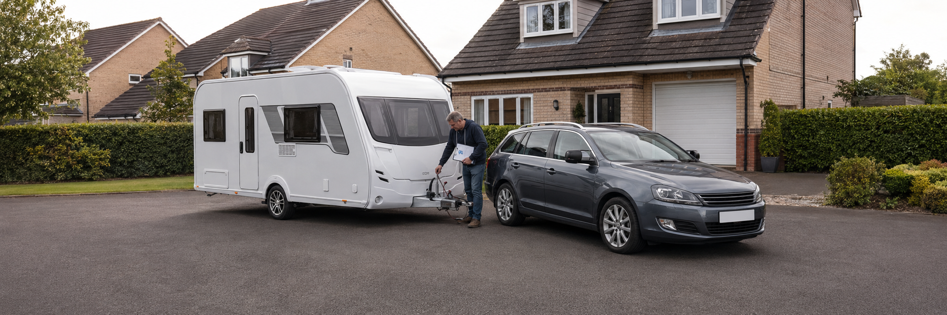 Caravan owner near Ipswich in Suffolk checking the hitch and breakaway cable before towing
