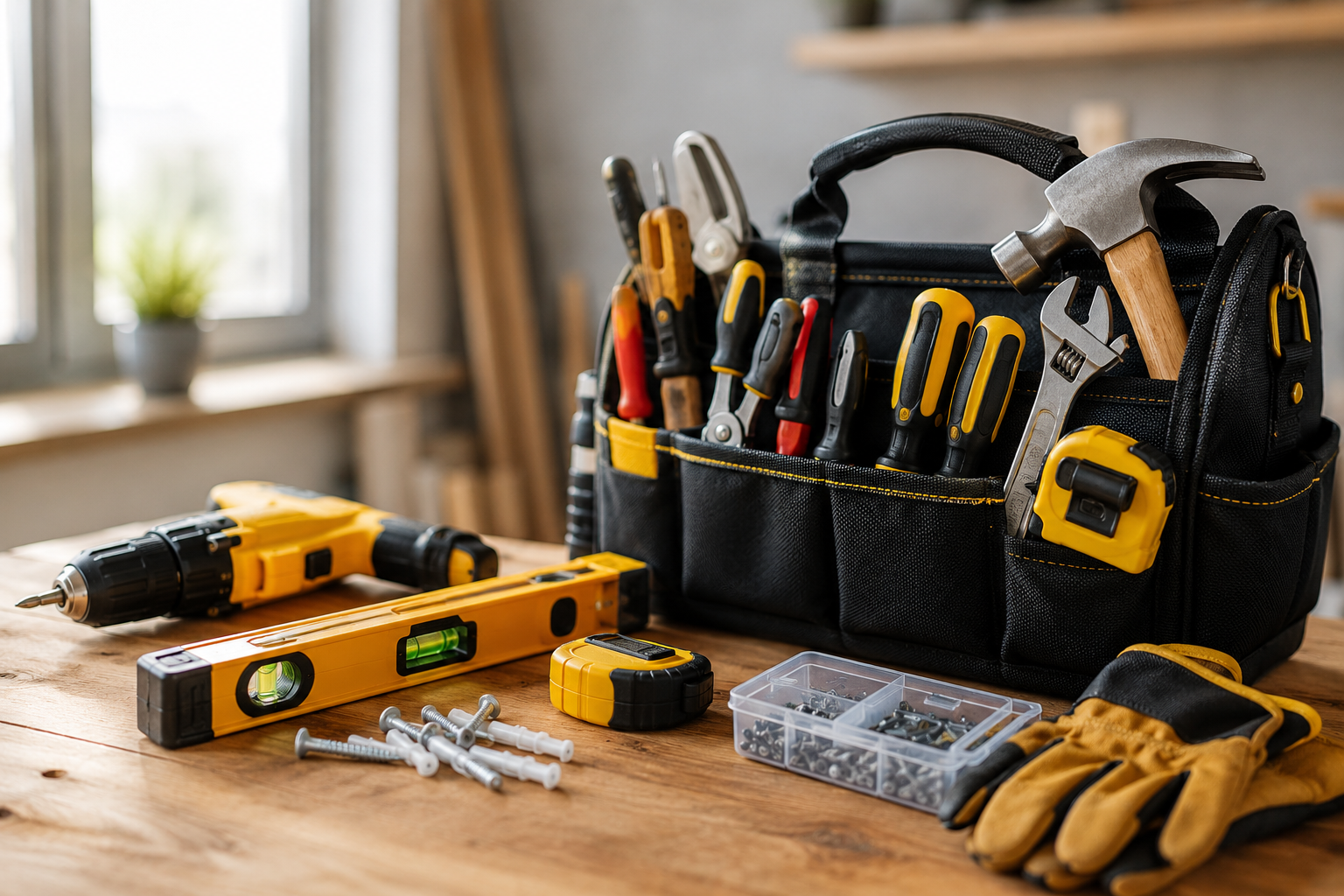 handyman toolpouch with drill, level, hammer, screwdriver, bits, pliers, spanner, tape measure