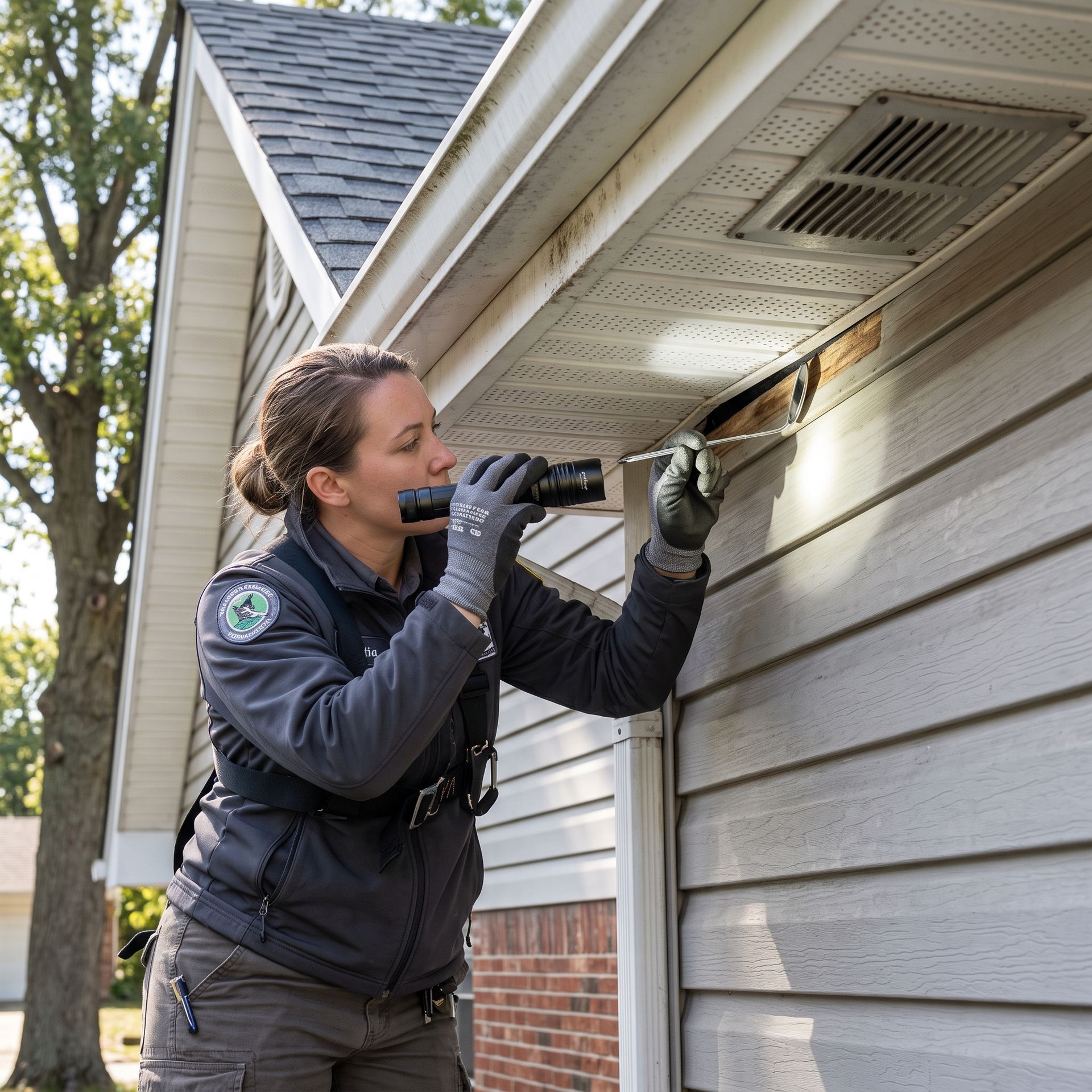 Technician inspecting a home’s soffit and vent outdoors with a flashlight and tool