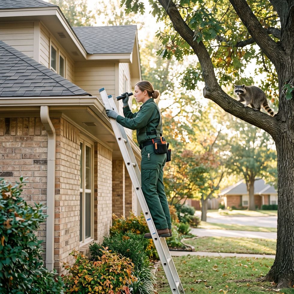 Worker on a ladder painting a house exterior near the roofline.