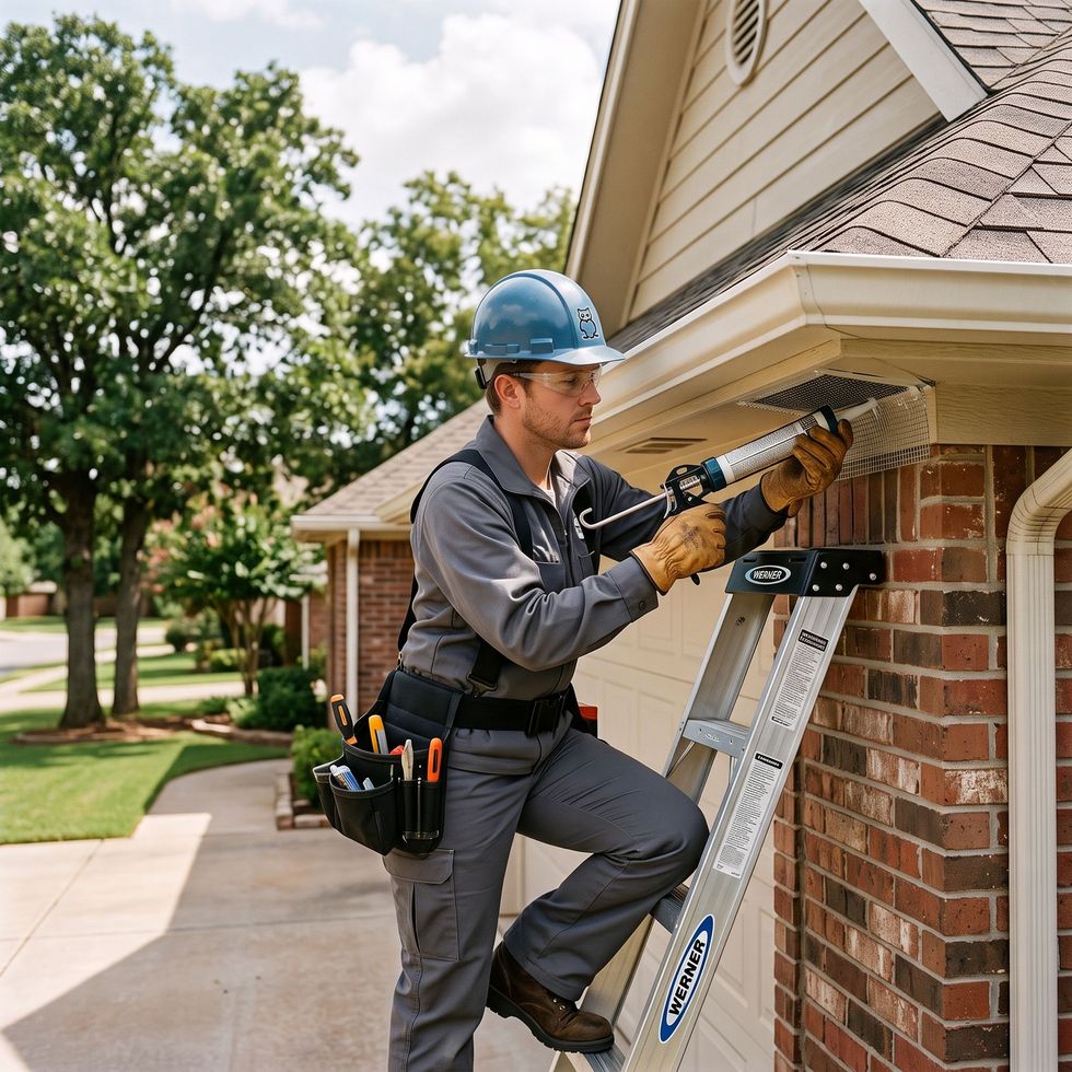 Worker using a ladder to clean gutters on a brick house exterior