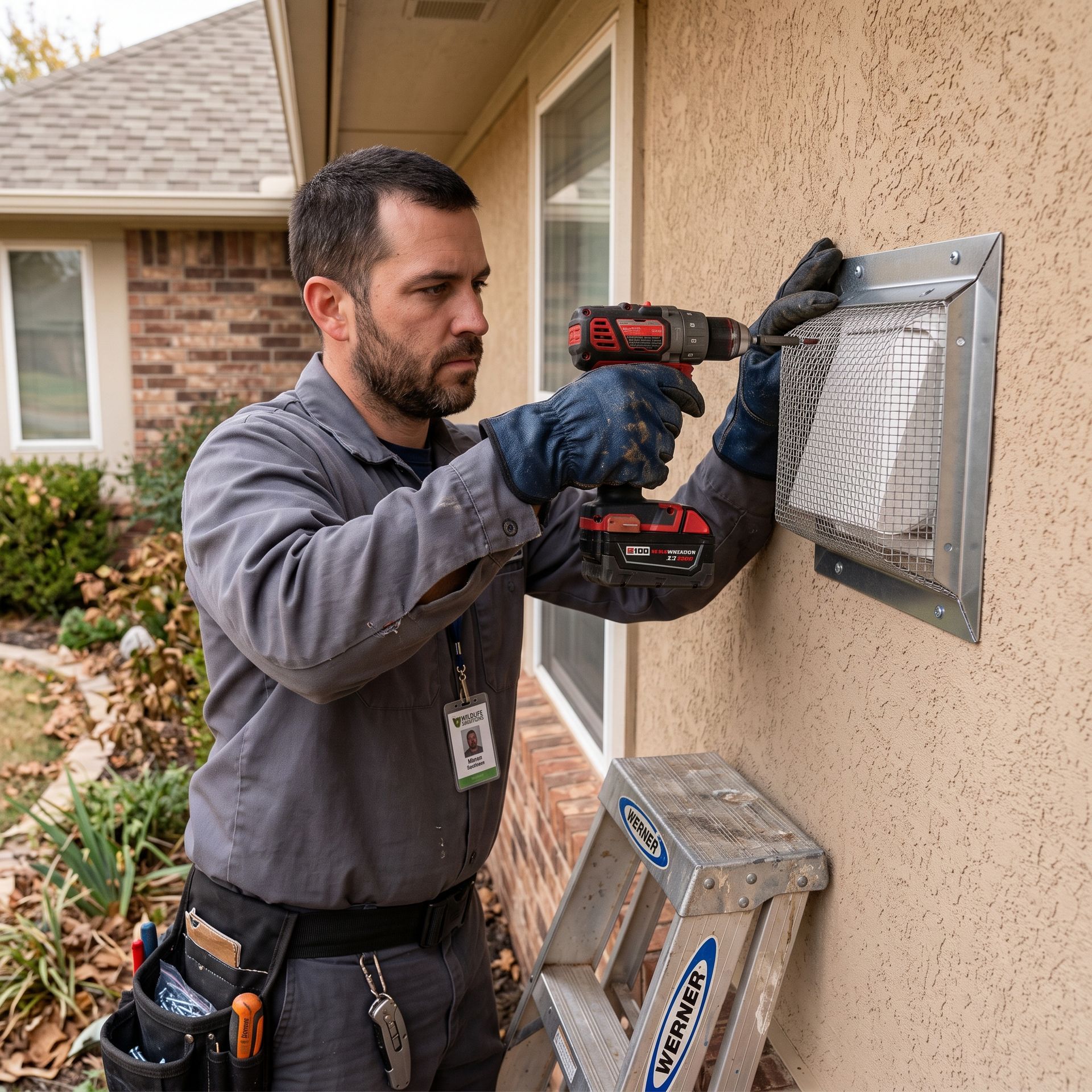 Technician using a drill to install an outdoor wall vent on a beige stucco house