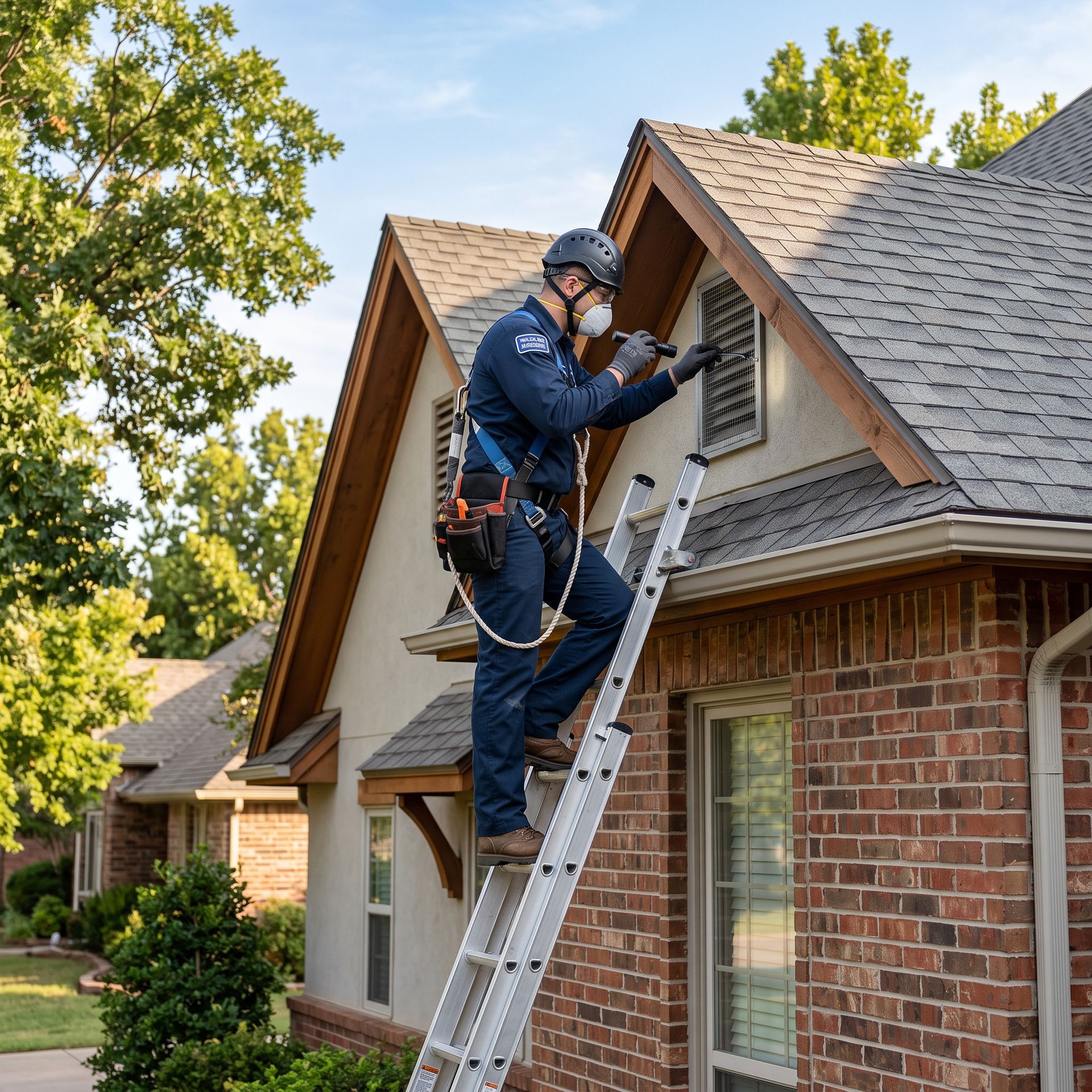Worker on ladder repairing an exterior house vent on a brick home