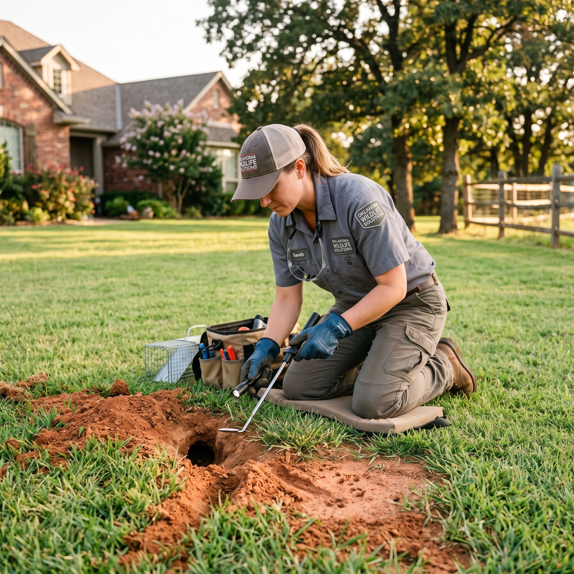 Gardener kneeling on a lawn, drilling a hole beside a fresh mound of soil in a suburban yard.