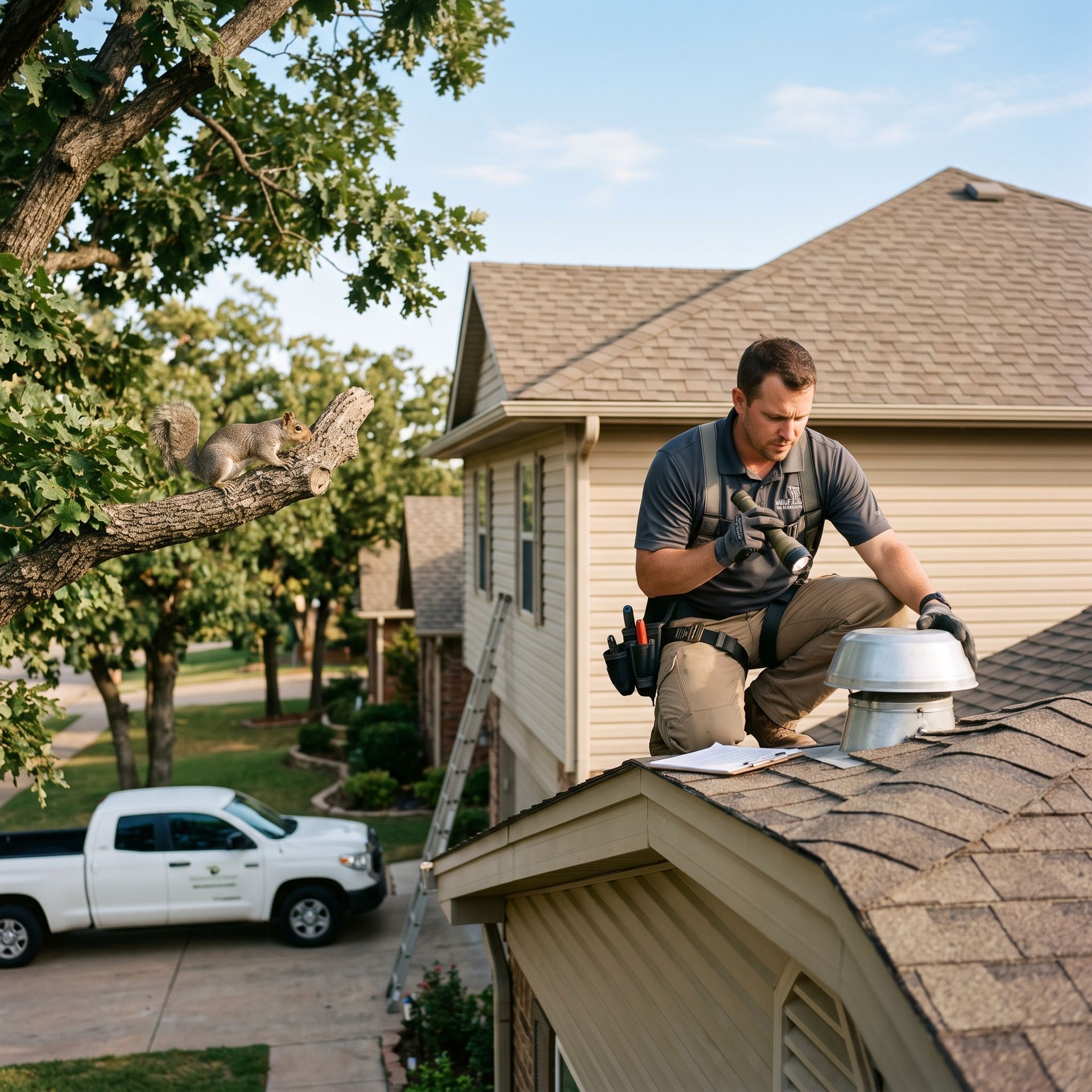 Roof technician working on a shingled house roof beside a white truck in a suburban neighborhood