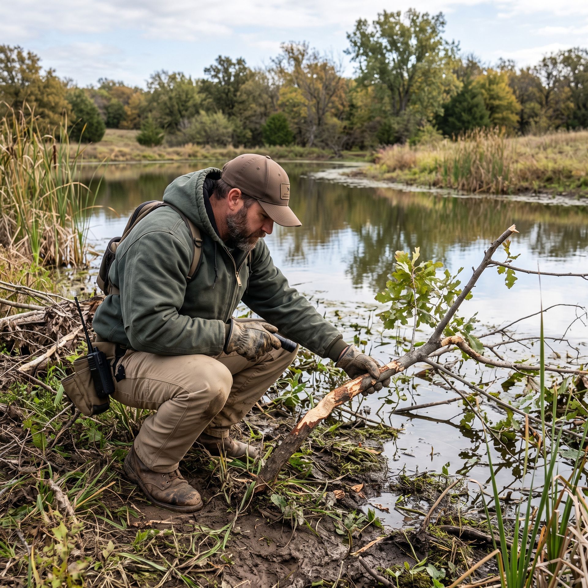 Man crouching by a riverbank, inspecting plants and mud in a wetland area