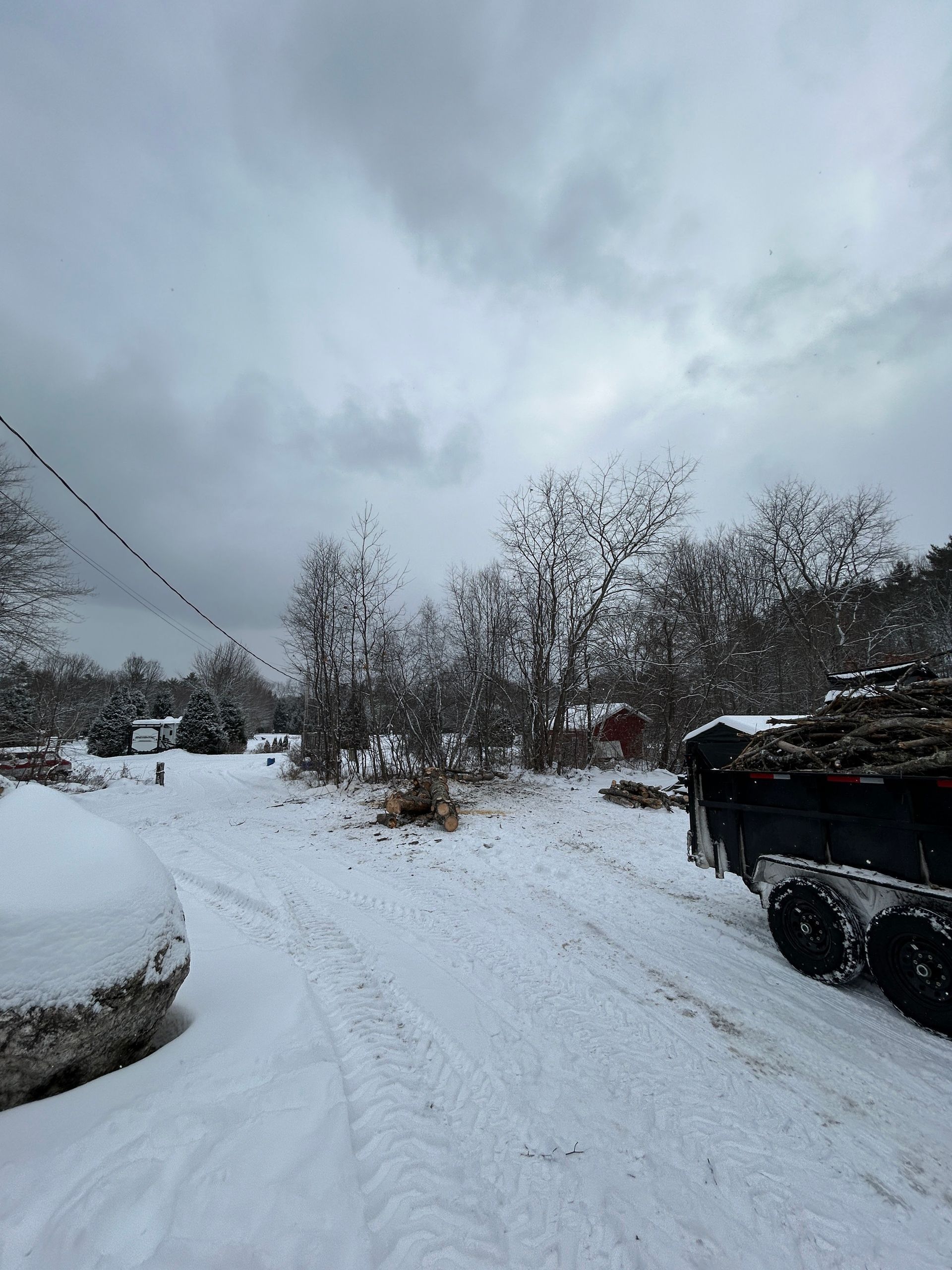 Snow-covered residential road with trees and parked vehicles under a cloudy sky.