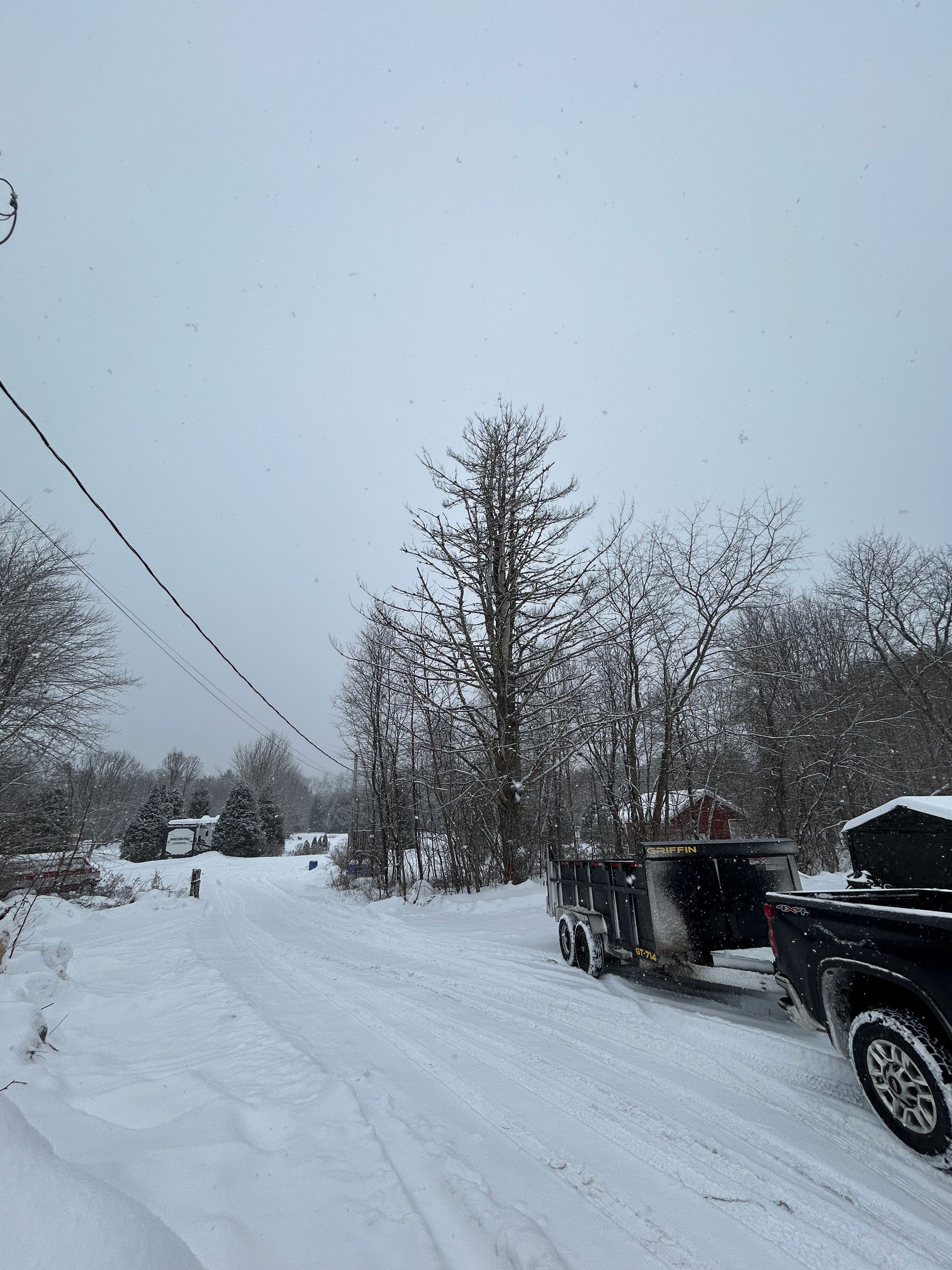 Snow-covered rural road with parked cars, bare trees, and an overcast winter sky