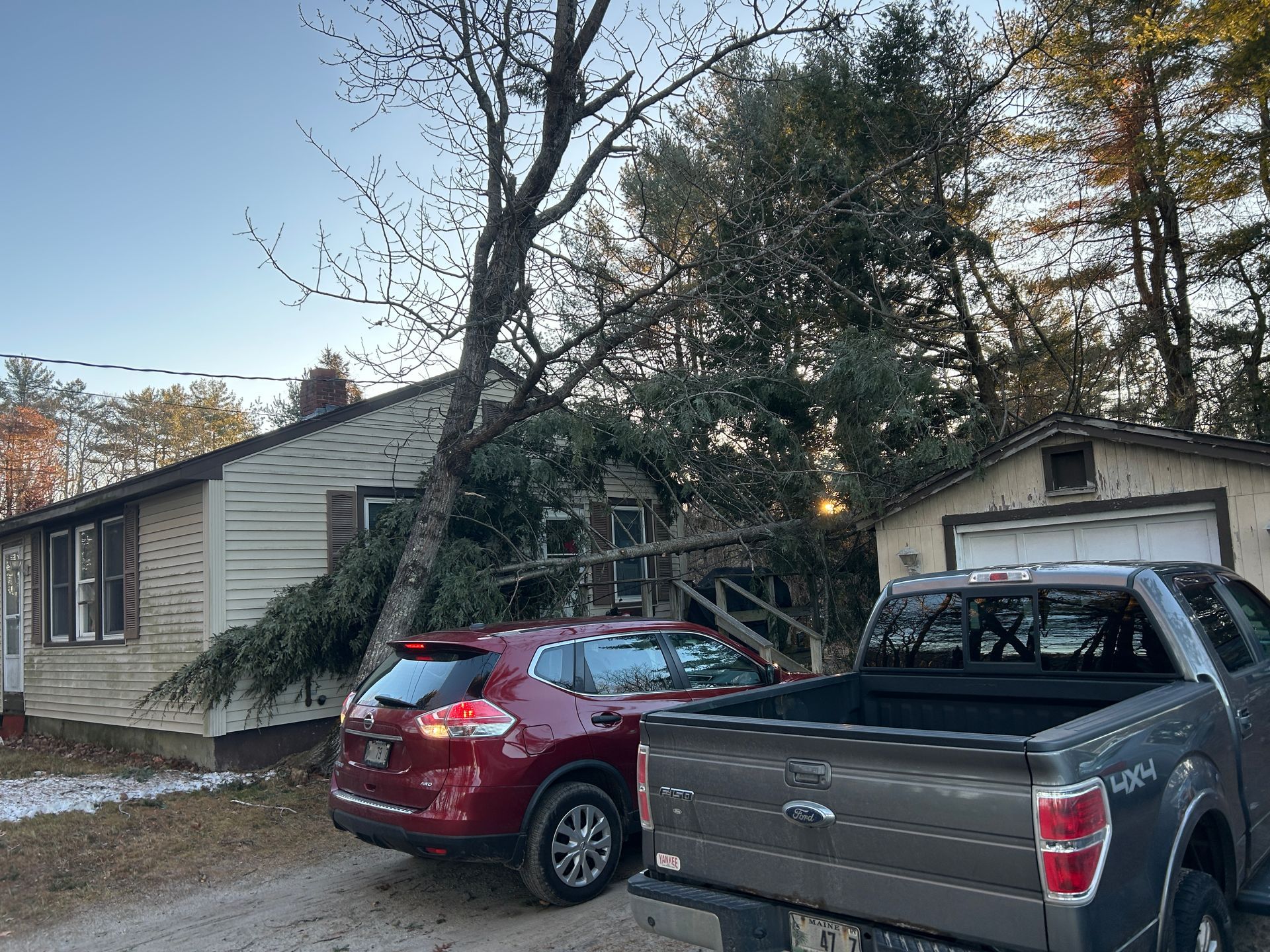 Two damaged vehicles beside a house, with fallen trees and debris from storm damage.