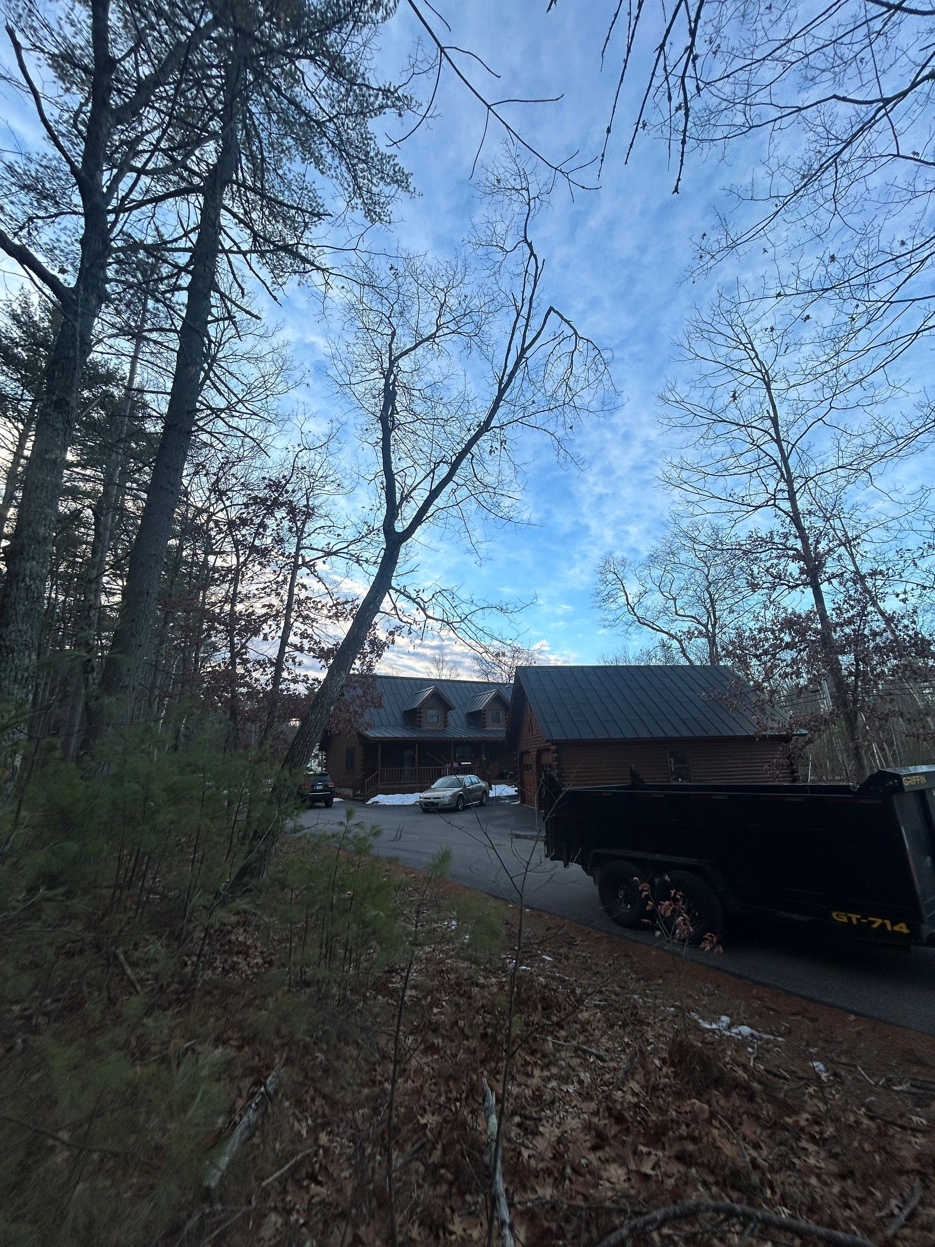 Wooded driveway leading to a cabin with parked car and black truck at dusk