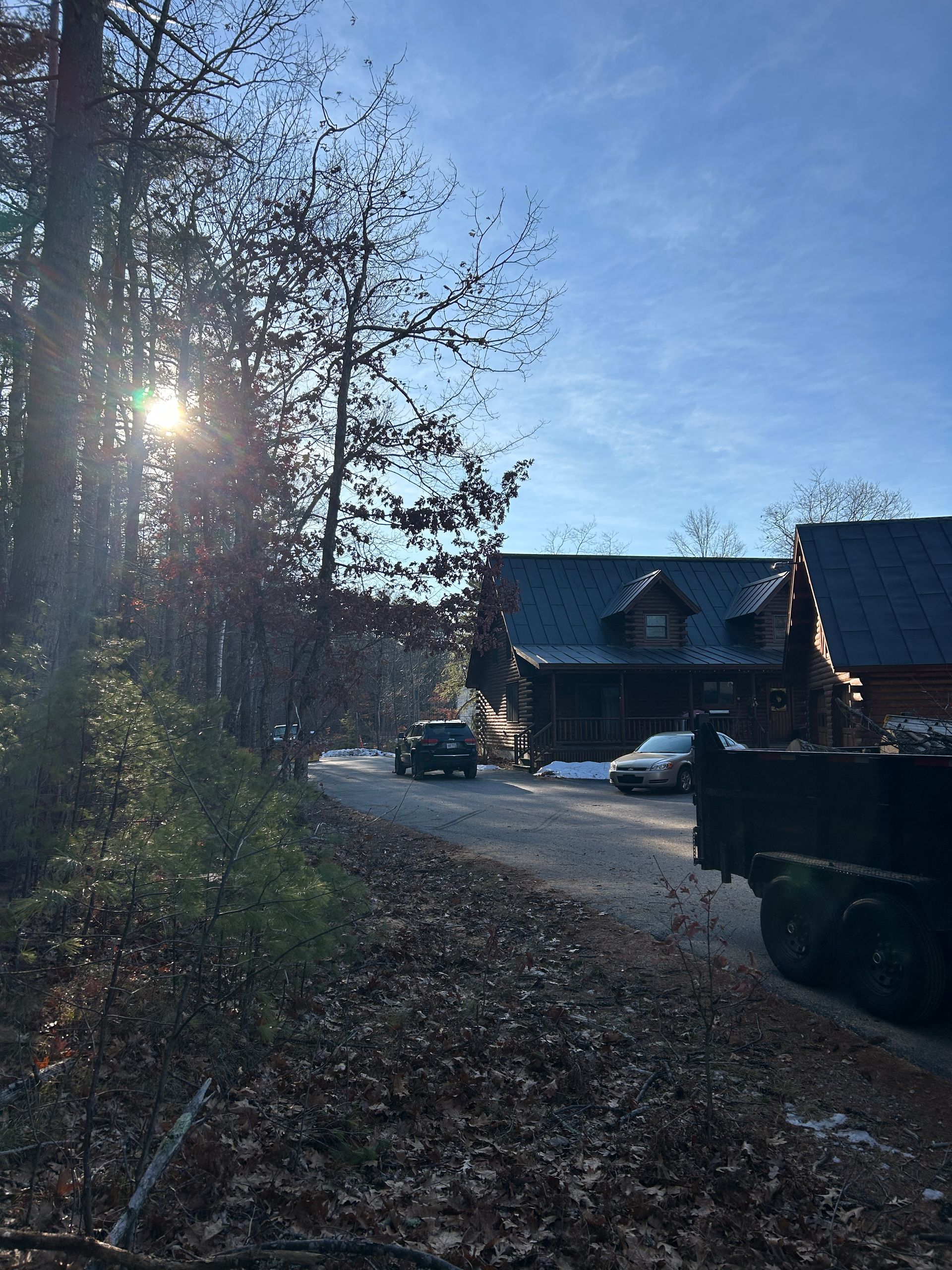 Sunlight over a wooded driveway with a house, parked cars, and a blue sky at dusk