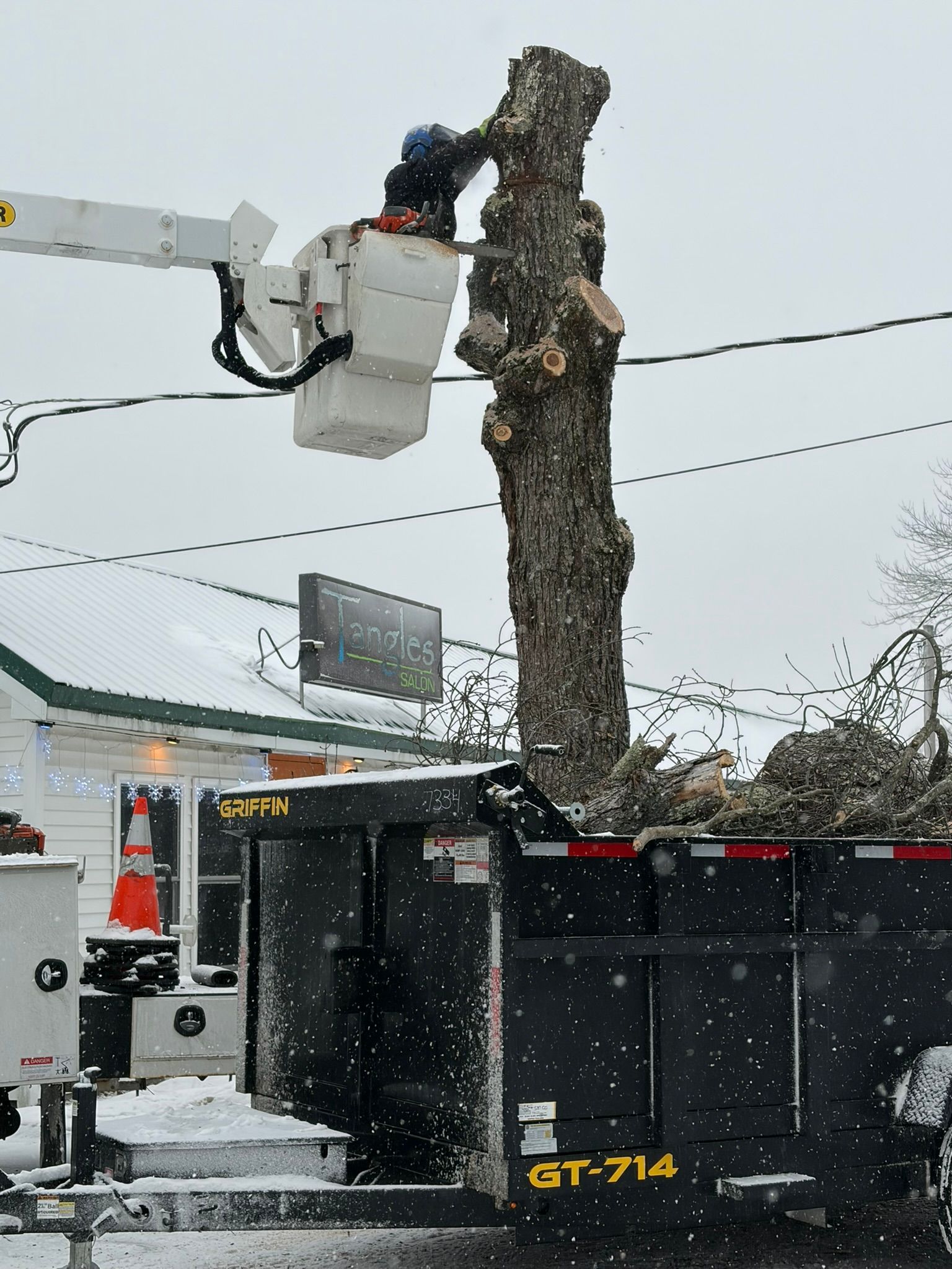 Worker in bucket truck cutting a large tree trunk beside a black dumpster in snowy weather.