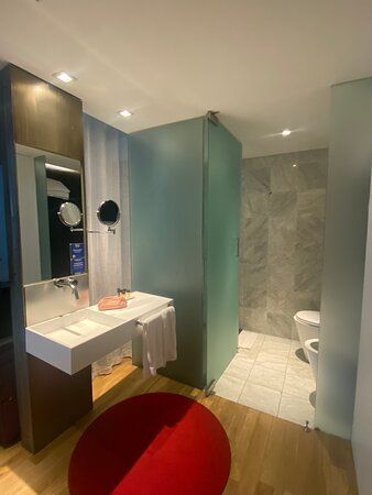 Un cuarto de baño con lavabo, WC y ducha.
