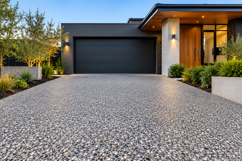 Modern home with a wide pebble driveway, dark garage door, and warm exterior lighting